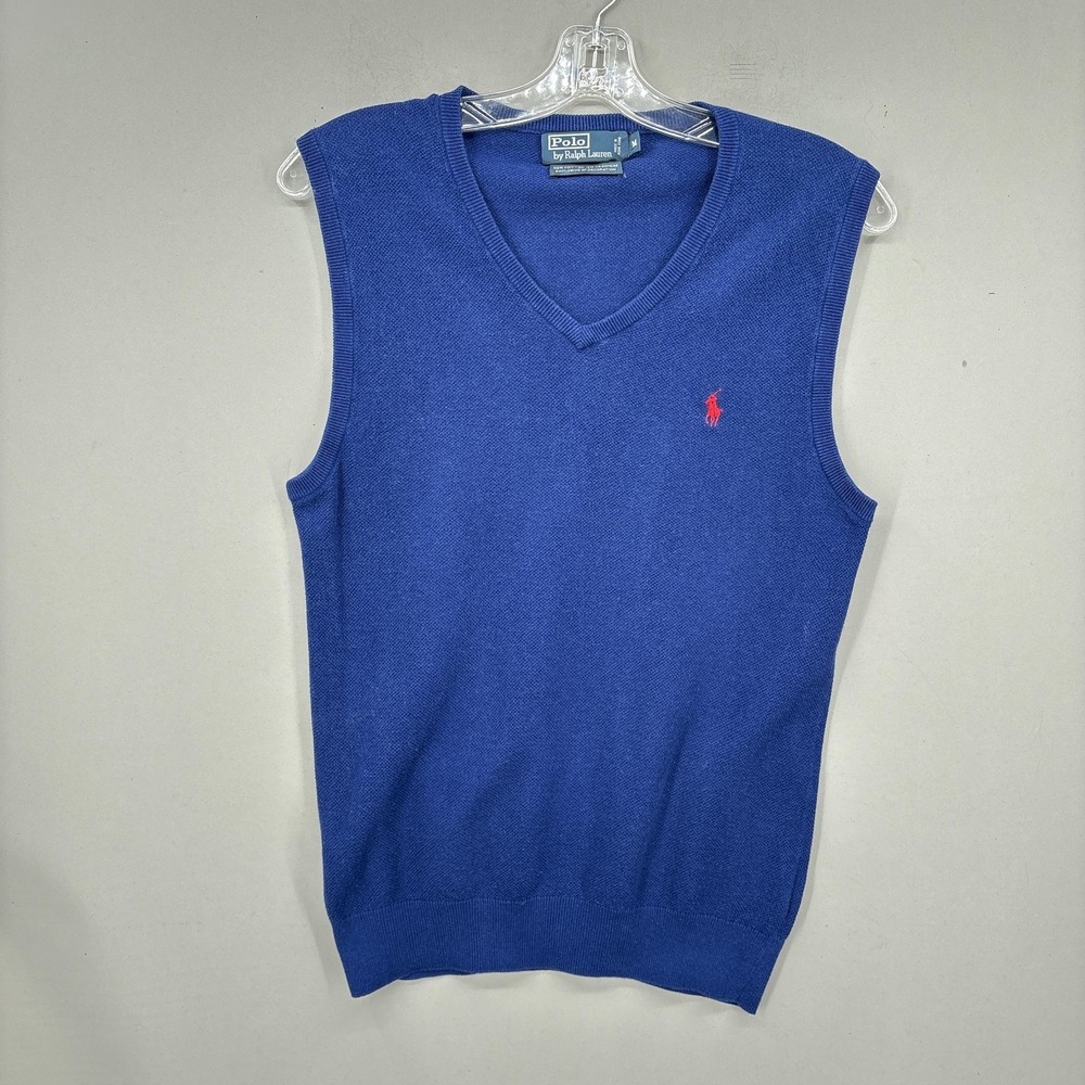 Polo Ralph Lauren Sweater Vest Mens Medium Blue Cotton Cashmere V Neck‎ Vintage